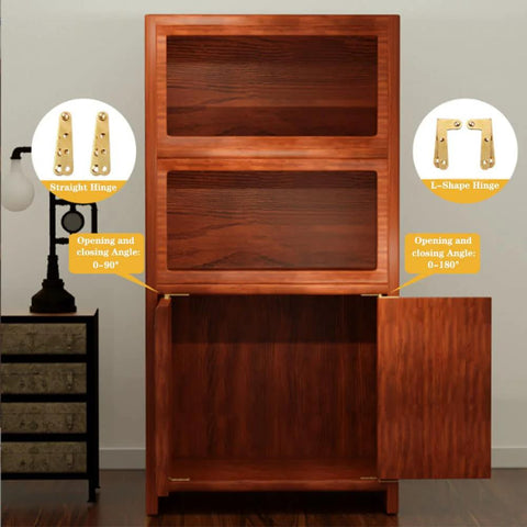 Hidden Door Pivot Hinges 360 Degree Rotatable For Wood Doors Secret Doors Bookcase And Cabinet Doors Copper Alloy Durable 4 Pack Straight And L Shape Options For Smooth Quiet Operation And Easy Install shown in open cabinet