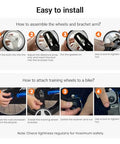Instructional guide on installing Training Wheels For 12-18 Inch Kid Friendly Bikes With Heavy Duty Steel Brackets And Quiet Rubber Tires.
