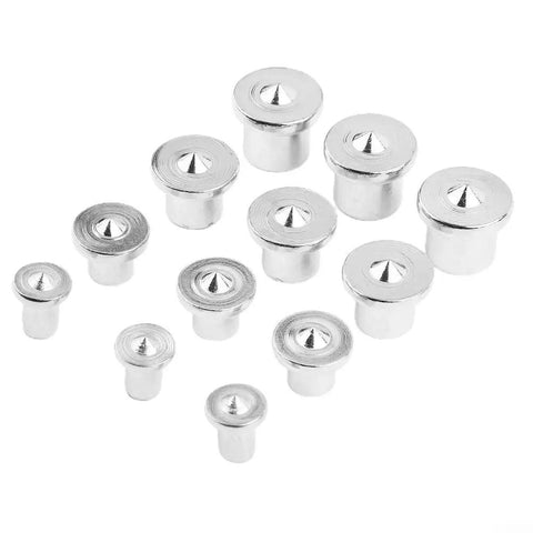 12 Piece Dowel Center Locator Set for Woodworking, Chrome Plated Steel Center Points, 6mm to 12mm Pins, top view