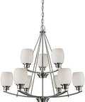 Mission Style 9-Light Chandelier With Brushed Nickel Finish And White Lined Glass Pendants For Dining Room Foyer And Hallway Ambience