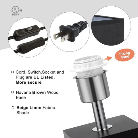 Modern Wood Table Lamp For Bedroom With UL-listed components and square black fabric shade
