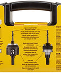 DEWALT bi-metal hole saw kit, electrician's set, yellow case with two arbors visible.