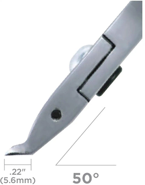 Close-up of angulated 50 degree head on flush cutters with bearing, Pro Grade design, high grade alloy steel, 0.22 inch cut width.