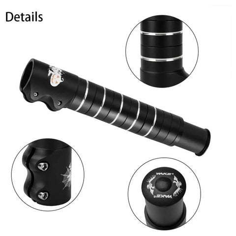 Close-up of Adjustable Stem Riser And Fork Extender For Mountain Road MTB BMX And Fixie with black aluminum alloy body.