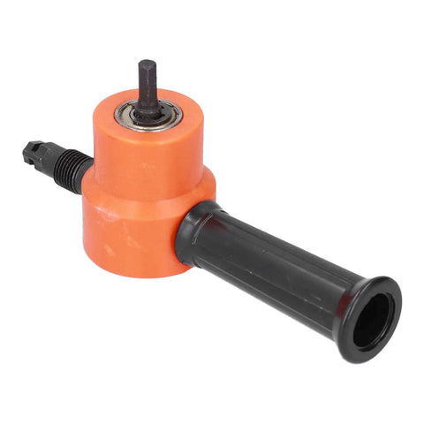 Double Head Sheet Metal Nibbler For Drills, 360 Degree Adjustable Cutter shown with orange body and drill attachment feature