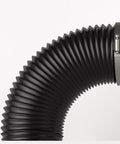 Flexible 12-Inch Aluminum Ducting With Four Layer Protection, close-up of black vent hose and clamp, 25-Foot Heavy Duty Spiral, for HVAC, Dryer, Grow Tents.