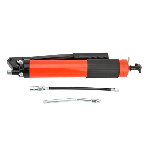 Double Rod Grease Tool With Aluminum Alloy Head For Equipment And Vehicles, Beefy High Pressure Manual Grease Gun, 600cc Capacity, Up To 14000 PSI, Rugged Lubrication For Machinery And Construction Gear shown with attachments