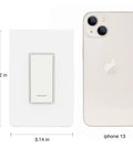 Smart In Wall Light Switch With Timer Function And Hands Free Voice Control Single Pole 2.4GHz Wi Fi No Hub Required Neutral Wire Required Works With Alexa And Google Assistant White 4 Pack next to iPhone 13 for size comparison.