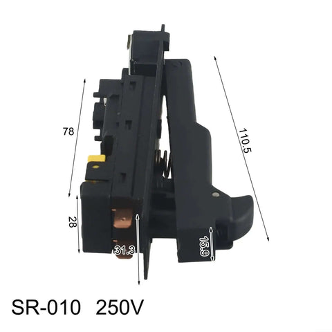 Angle Grinder Switch Replacement for GWS-20-180, 250V 12A Trigger Switch, side view showing dimensions and SR-010 label