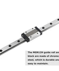 MGN12 200mm Linear Rail Guide Set With Carriage Block for 3D Printers and CNC X Y Z Axes, steel rail with black carriage.