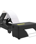 Thermal Label Holder For Rolls And Fan Fold Labels with desktop printer, fits labels up to 4.3 inch wide, ideal for office use.