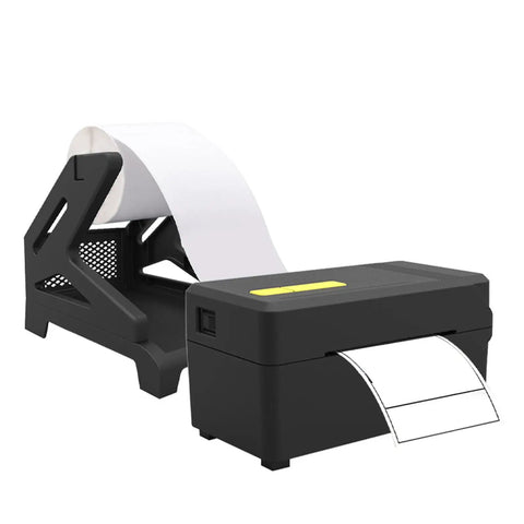 Thermal Label Holder For Rolls And Fan Fold Labels with desktop printer, fits labels up to 4.3 inch wide, ideal for office use.