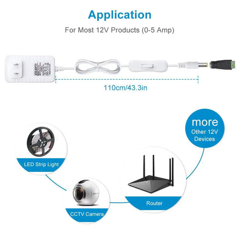 12V DC Power Supply With On Off Switch For LED Strip Lights, 2A 24W White Wall Wart Adapter, 100-240V AC Input, 12V 2A Output, Includes 5.5 By 2.1 Millimeter DC Female Connector, Easy Plug And Play for LED strips, CCTV camera and router