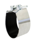 Front view of stainless steel pipe repair clamp, 4'' IPS, 3'' long, single bolt