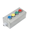 AHGDDA four-push-button control box, cast aluminum explosion-proof waterproof enclosure with blue, yellow, green, red buttons.