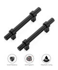 30 Pack Matte Black 5 Inch Cabinet Pulls With Square Base, shown with scratch resistance, anti-fingerprint, and oleophobic coating icons.