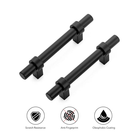 30 Pack Matte Black 5 Inch Cabinet Pulls With Square Base, shown with scratch resistance, anti-fingerprint, and oleophobic coating icons.