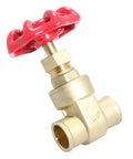 Front view of brass 1/2 in sweat gate valve with red handwheel for plumbing.