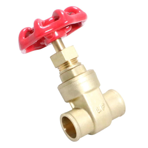 Front view of brass 1/2 in sweat gate valve with red handwheel for plumbing.