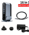 Slick 16 In 1 Usb C Hub Docking Station Featuring 4K Hdmi Vga Gigabit Ethernet Rj45 And Usb 3.0 Ports With Pd Fast Charging For Laptops, compact design with cables and power supply.