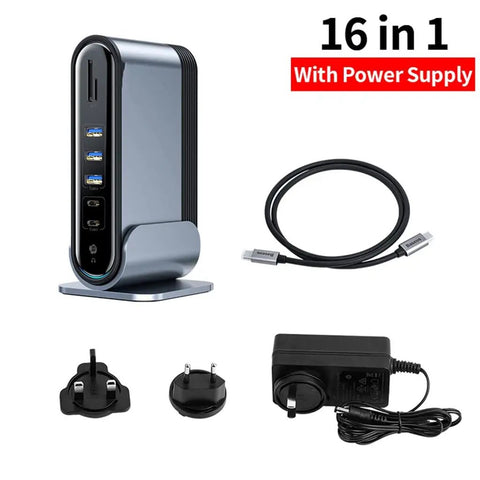 Slick 16 In 1 Usb C Hub Docking Station Featuring 4K Hdmi Vga Gigabit Ethernet Rj45 And Usb 3.0 Ports With Pd Fast Charging For Laptops, compact design with cables and power supply.