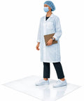 Heavy Duty Peel Off Cleanroom Mats Yank Grime Off Shoes Quick And Easy Peel Away Layers Keep Shops Or Warehouses Shining Bright Premium Sticky Surface Zero Fuss Four Pack White with worker in lab coat standing on mat.