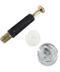 Three in One Eccentric Wheel Connector Kit for Furniture, black nylon, brass-plated screw, and galvanized nut hardware