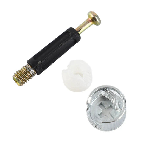 Three in One Eccentric Wheel Connector Kit for Furniture, black nylon, brass-plated screw, and galvanized nut hardware