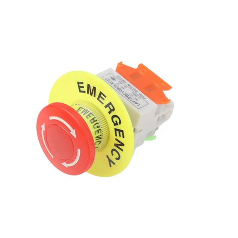 Red Mushroom Cap Isolation Switch 1NO 1NC Push Button Stop Switch 660V 10A, latching self-lock, emergency label visible