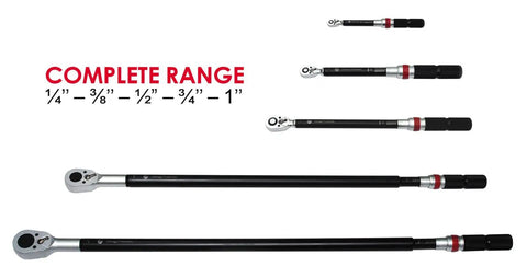 Complete range of adjustable manual torque wrenches, sizes 1/4 inch to 1 inch, displaying Garage Ready Workhorse specifications.