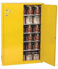 Heavy Duty 60 Gallon Yellow Safety Cabinet For Paint And Ink Storage with doors open, showing multiple paint cans inside.