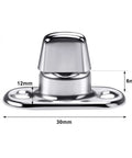 Front view of a chrome canvas twist lock fastener with mounting base; 30mm wide, 18mm tall.