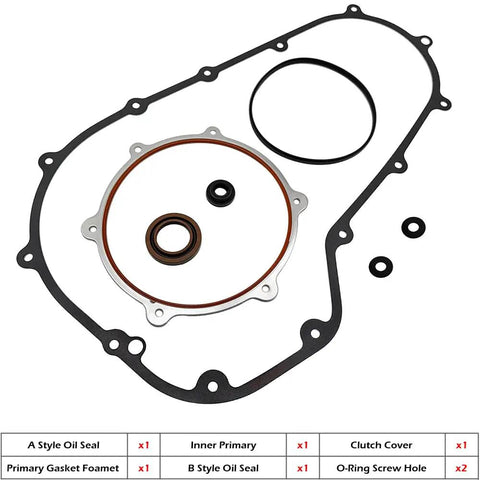 Premium Titanium Alloy Bolt Kit With Durable Primary Gasket And Clutch Primary Cover For Harley Davidson Touring Models, featuring oil seals and gasket components.