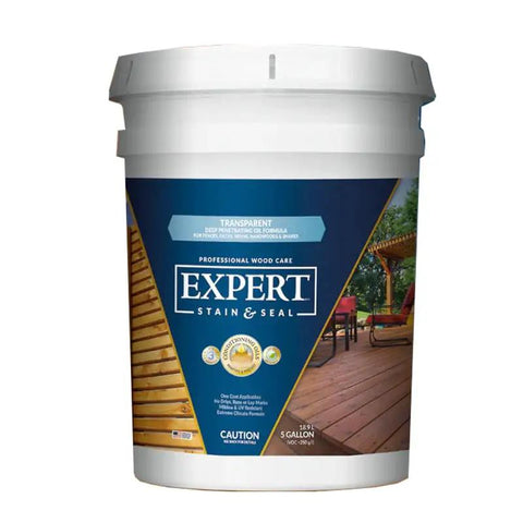 Premium Transparent Wood Stain And Sealer Guarding Decks And Fences In Classic Cedar Tone 5 Gallon Pail on display.