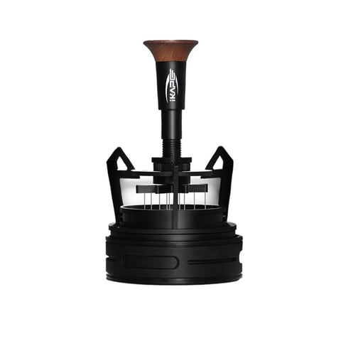 Dope Espresso WDT Tool Featuring Nine Pin Rotary Stirrer for clump-free coffee beds, high-quality black design, and wooden handle.