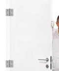 Two Pack Small Stainless Steel Glass Door Hinges With Adjustable Thickness For Cabinets And Wine Displays, Heavy Duty Hinges For Display Cases And Railings, Smooth Quiet Operation Built To Be Your GoTo Hardware Solution shown installed on white door.