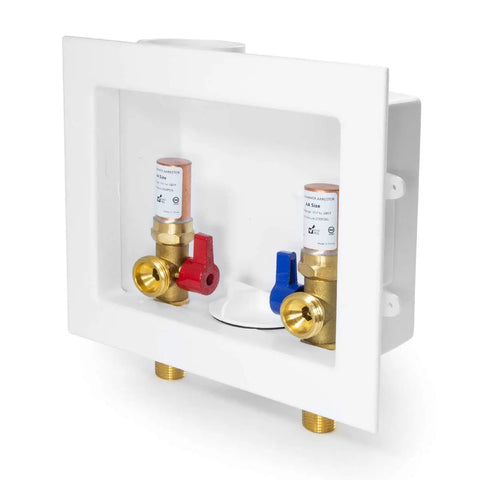 Center Drain Washing Machine Outlet Box With Water Hammer Arrestor Includes Preinstalled Frame, quarter turn valves visible.