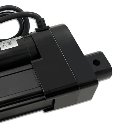 Smooth as Butter Silent Electric Linear Actuator 12V With 2 Inch Stroke Handles 330 lbs close-up view showing black casing and connector.