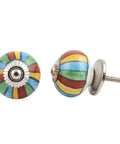 100 Pack Stripe Multicolor Ceramic Drawer Knobs Super Slick Rust Free Kitchen Cabinet Hardware with colorful striped design.