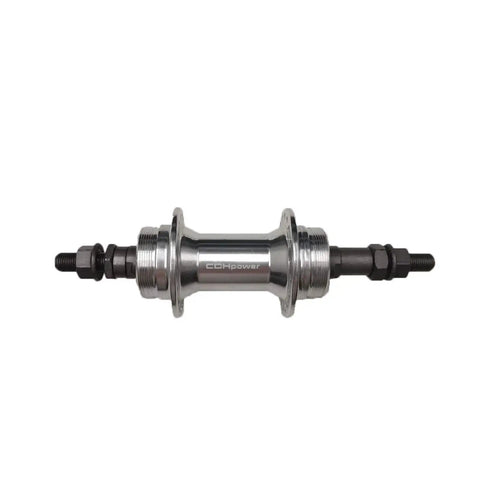 Close-up of Rear Hub 36 Hole Aluminum Alloy 135mm Wide With Double Thread Three Eighths Inch Axle 185mm Length 6200RS Bearings Silver Bike Wheel Part