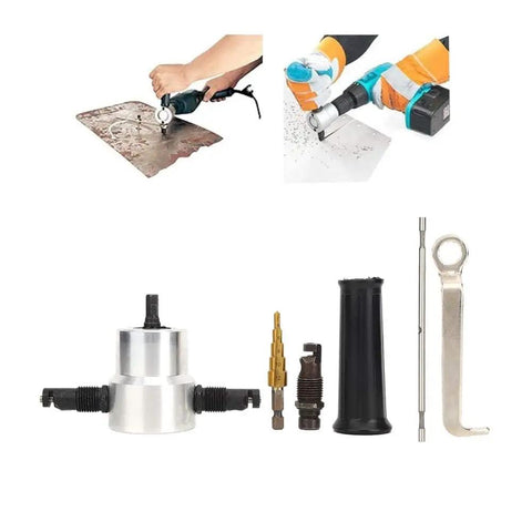 6 Pcs Double Head Metal Sheet Nibbler Cutter Drill Attachment Kit, includes cutter head, metal parts, and drill tool components.