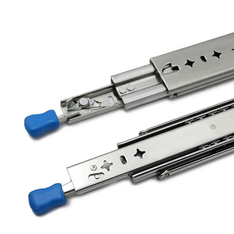 Built Tough Full Extension Ball Bearing Drawer Slides With Dead Bolt Lock And Silky Smooth Glide Silver Cabinet Runners for zero wobble performance close-up view.