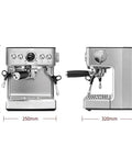 Pro Level Fully Automatic Espresso Coffee Machine Built For The Morning Rush With A Rock Solid 19 Bar Pump And Dual Wall Stainless Steel Filter, side view and front view measurements.