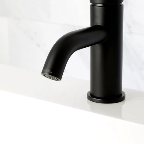 Close-up of Concord Matte Black Bathroom Faucet with Solid Brass Construction showing the spout and base