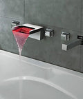 LED Waterfall Spout Faucet Set With Pull Out Sprayer, Wall Mounted Chrome Brass Bath Sink Shower, Color Changing By Temperature Type C