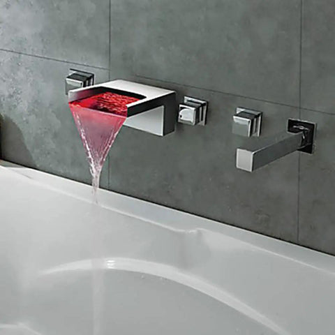 LED Waterfall Spout Faucet Set With Pull Out Sprayer, Wall Mounted Chrome Brass Bath Sink Shower, Color Changing By Temperature Type C