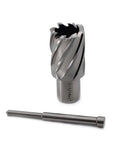 Two-piece annular cutter set with spiral-fluted cutter and Weldon shank drill bit in silver metal