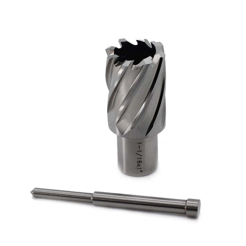 Two-piece annular cutter set with spiral-fluted cutter and Weldon shank drill bit in silver metal