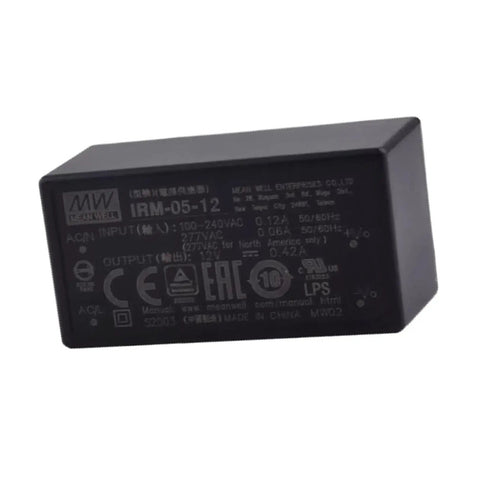 Compact Open Frame 5W 12V DC Power Supply Module For PCB Mounting, industrial grade SMPS IRM 05 12 unit, black casing, angled view