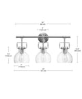 All In One Bathroom Vanity Set With A 3 Light Fixture in brushed nickel with clear glass, shown with dimensions.